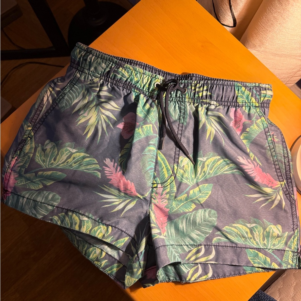 H&M Blue and Green Swim Trunks with Elastic Waistband